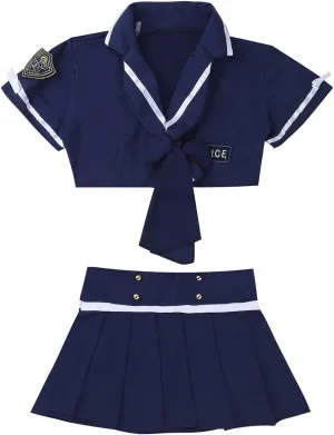 Sexy Women's Police Officer Crop Cop Pleated Mini Skirt Cosplay Costume Policegirls Uniform