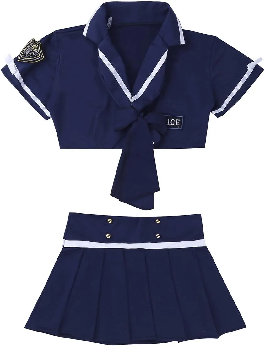 Sexy Women's Police Officer Crop Cop Pleated Mini Skirt Cosplay Costume Policegirls Uniform