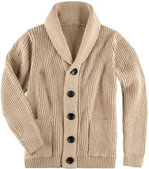 Shawl Collar Cardigan for Men Button Down Long Sleeve Pullover Cardigans Soft Touch Knitted Sweater Jacket with Pockets