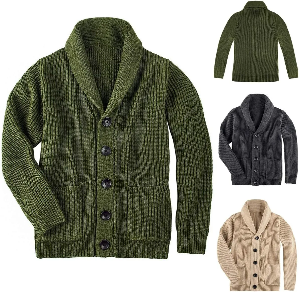Shawl Collar Cardigan for Men Button Down Long Sleeve Pullover Cardigans Soft Touch Knitted Sweater Jacket with Pockets
