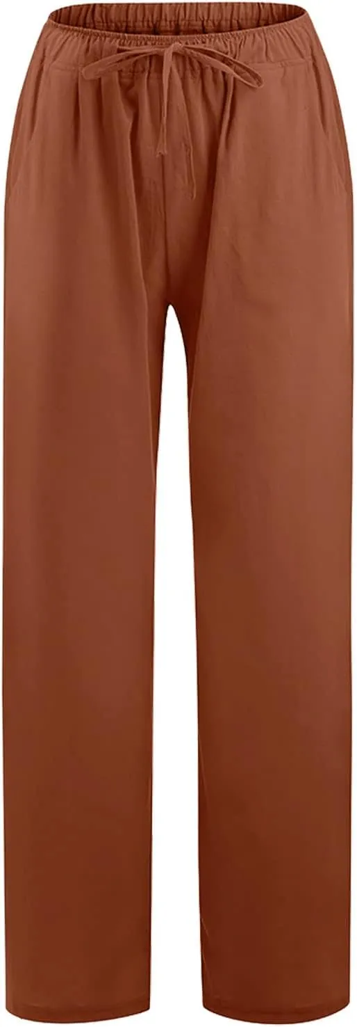 SHOPESSA Linen Wide Leg Pants Women Summer Palazzo Pants High Waisted Drawstring Lightweight Breathable Travel Casual Trouser