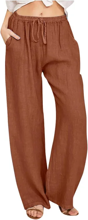 SHOPESSA Linen Wide Leg Pants Women Summer Palazzo Pants High Waisted Drawstring Lightweight Breathable Travel Casual Trouser