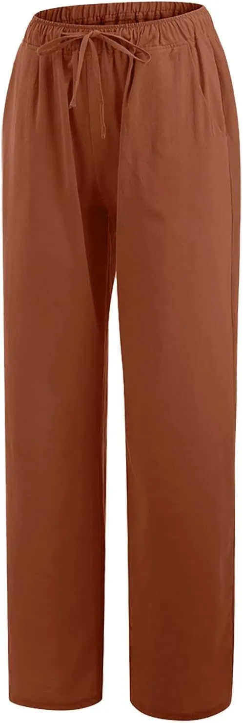SHOPESSA Linen Wide Leg Pants Women Summer Palazzo Pants High Waisted Drawstring Lightweight Breathable Travel Casual Trouser