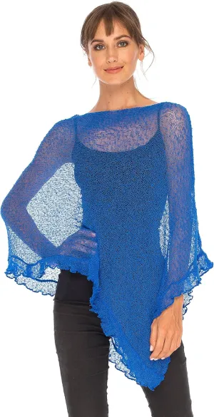 SHU-SHI Womens Sheer Poncho Shrug Lightweight Knit Ruffle Pullover Sweater Top