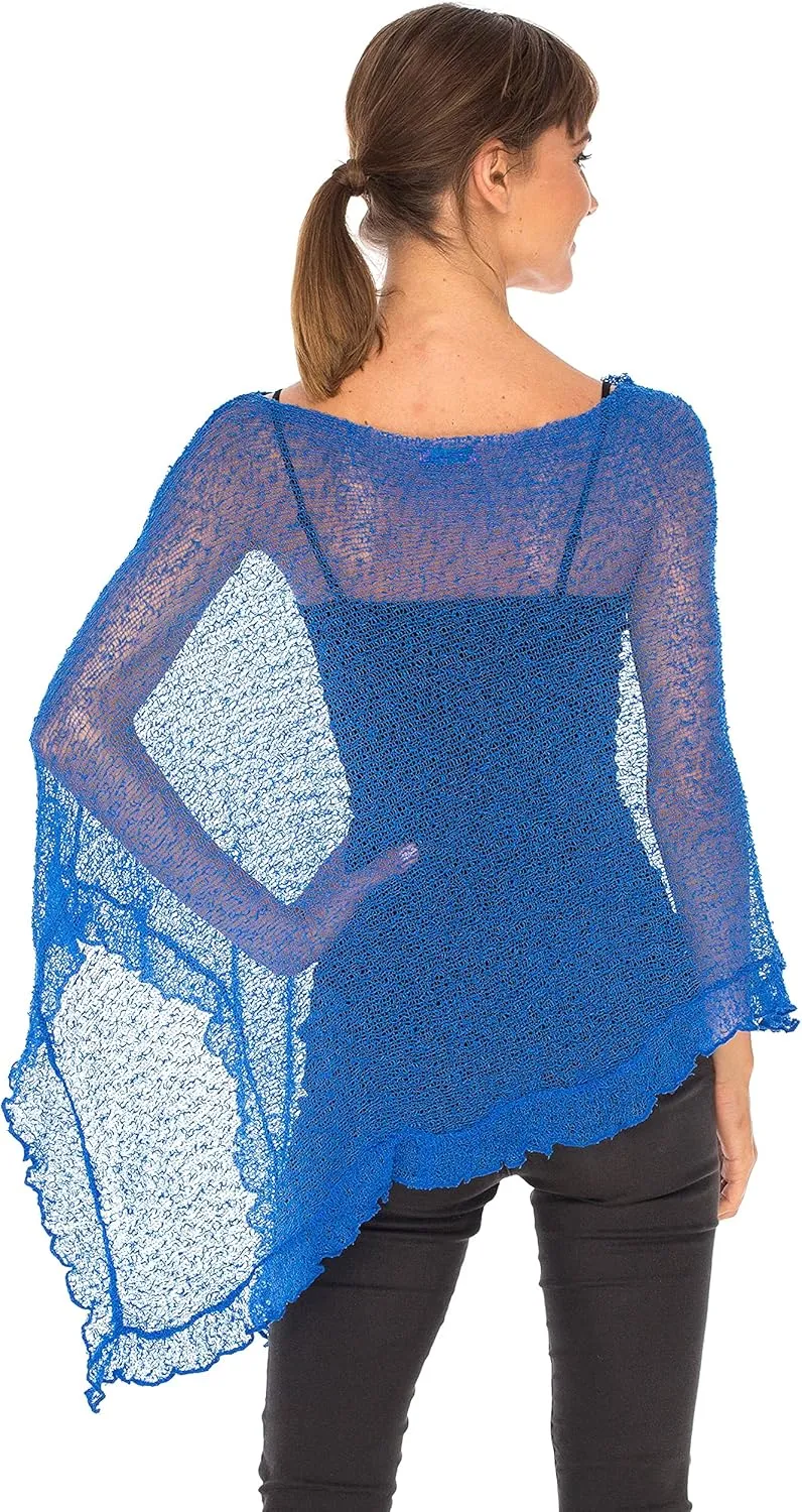 SHU-SHI Womens Sheer Poncho Shrug Lightweight Knit Ruffle Pullover Sweater Top