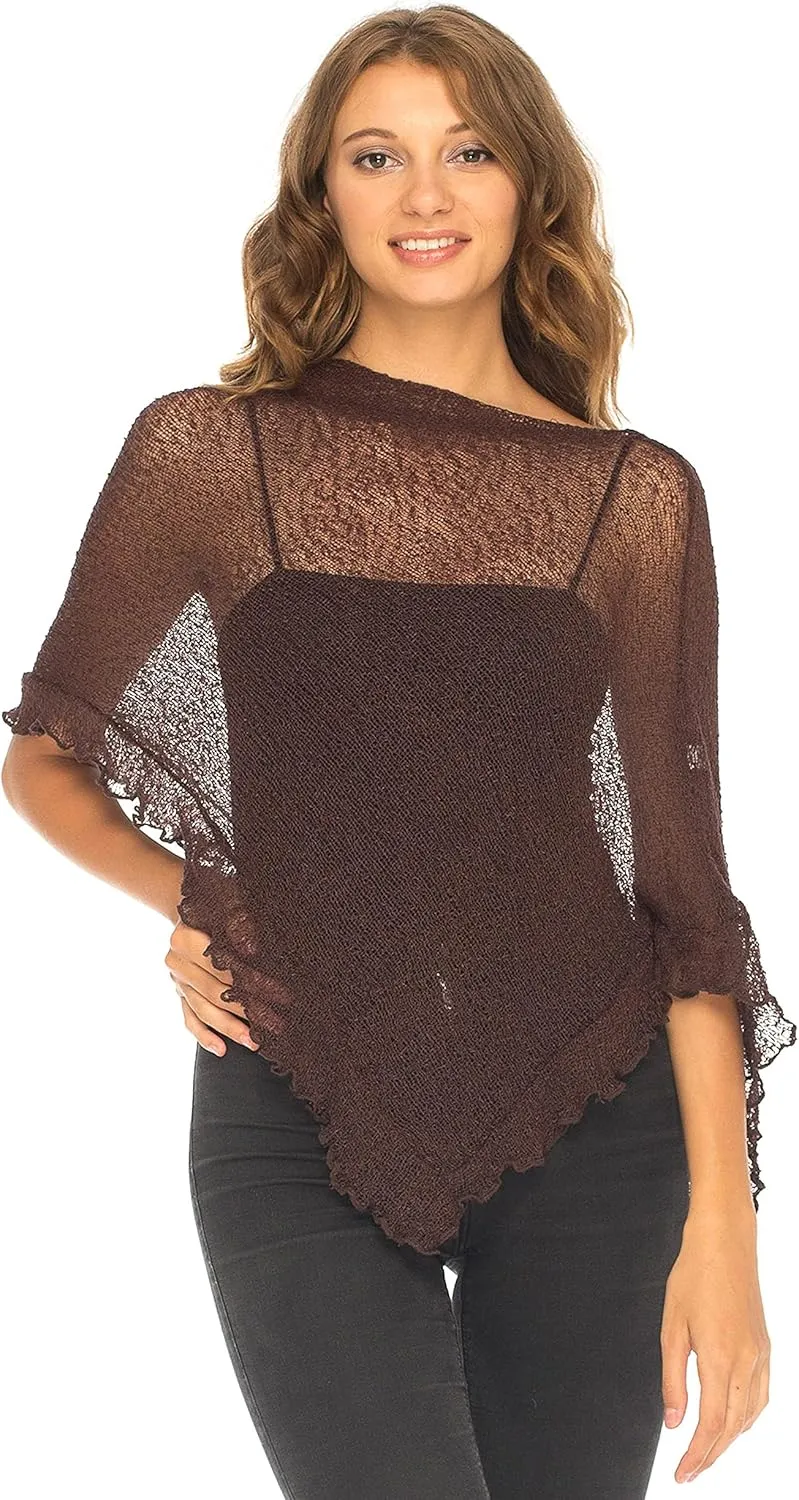 SHU-SHI Womens Sheer Poncho Shrug Lightweight Knit Ruffle Pullover Sweater Top