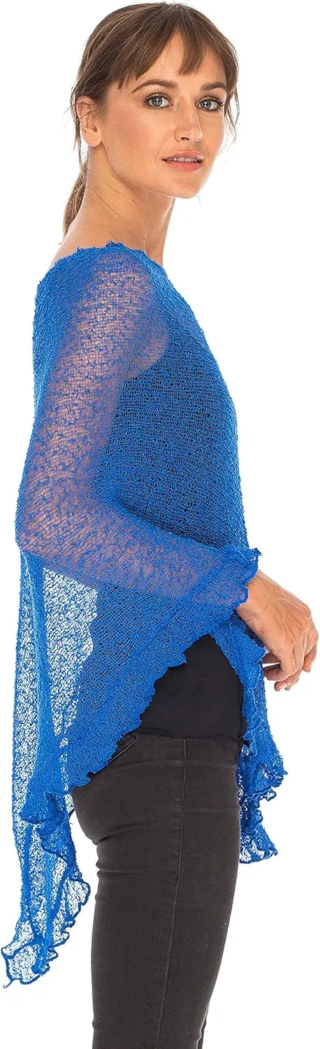 SHU-SHI Womens Sheer Poncho Shrug Lightweight Knit Ruffle Pullover Sweater Top
