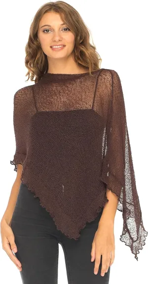 SHU-SHI Womens Sheer Poncho Shrug Lightweight Knit Ruffle Pullover Sweater Top