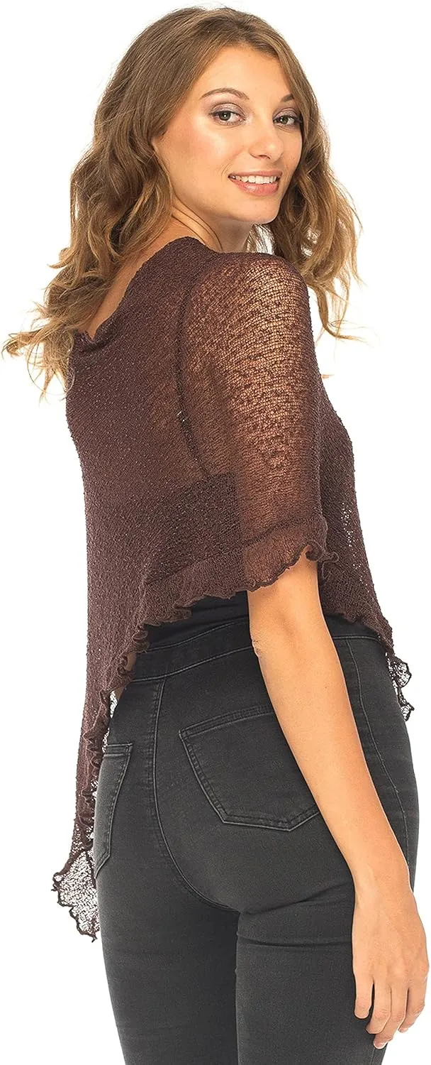 SHU-SHI Womens Sheer Poncho Shrug Lightweight Knit Ruffle Pullover Sweater Top