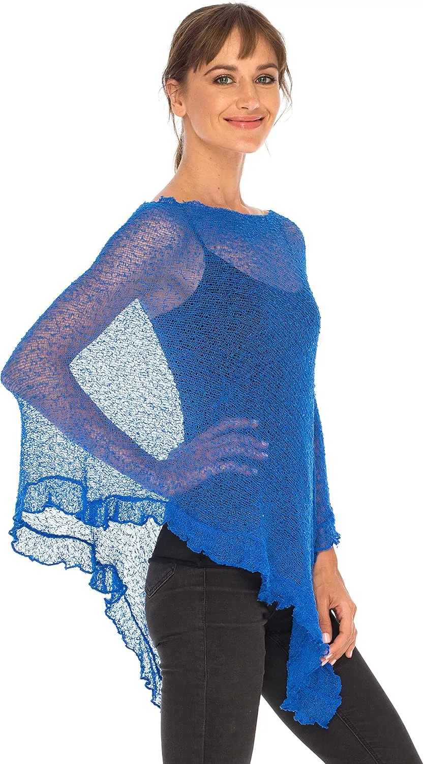 SHU-SHI Womens Sheer Poncho Shrug Lightweight Knit Ruffle Pullover Sweater Top