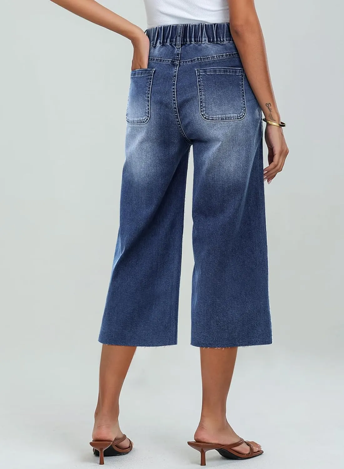 Sidefeel Womens Wide Leg Jeans High Waisted Stretch Loose Fit Button Denim Capri Pants