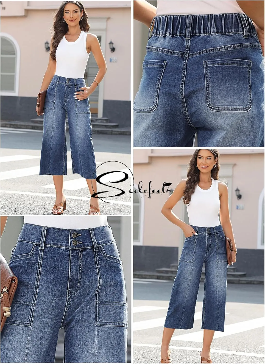 Sidefeel Womens Wide Leg Jeans High Waisted Stretch Loose Fit Button Denim Capri Pants