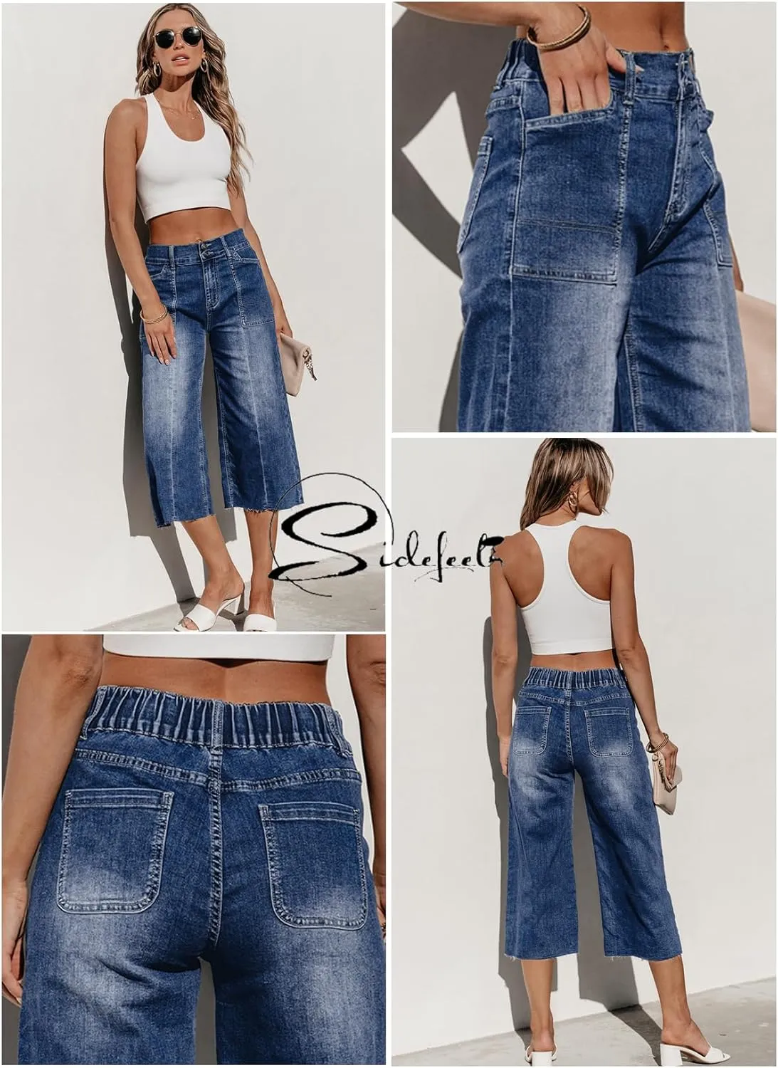 Sidefeel Womens Wide Leg Jeans High Waisted Stretch Loose Fit Button Denim Capri Pants