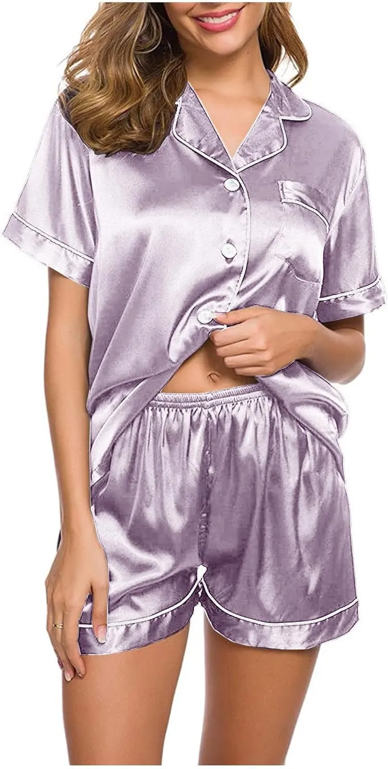 Silk Satin Sleepwear for Women Button Down Pajamas Sets Short Sleeve Shirts Shorts 2 Piece Pjs Soft Loungewear
