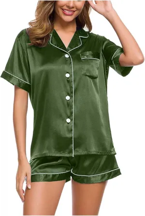 Silk Satin Sleepwear for Women Button Down Pajamas Sets Short Sleeve Shirts Shorts 2 Piece Pjs Soft Loungewear