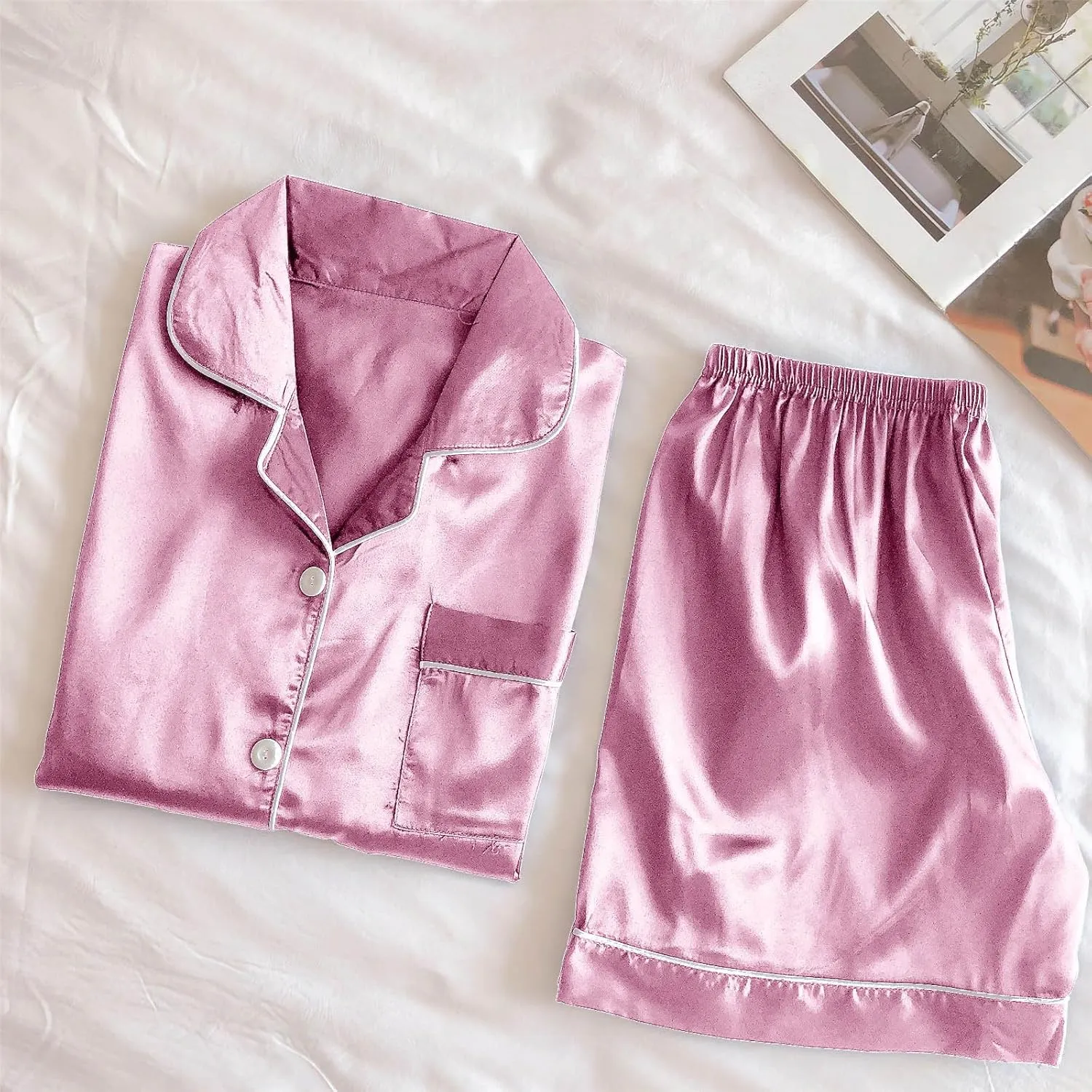 Silk Satin Sleepwear for Women Button Down Pajamas Sets Short Sleeve Shirts Shorts 2 Piece Pjs Soft Loungewear