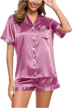Silk Satin Sleepwear for Women Button Down Pajamas Sets Short Sleeve Shirts Shorts 2 Piece Pjs Soft Loungewear