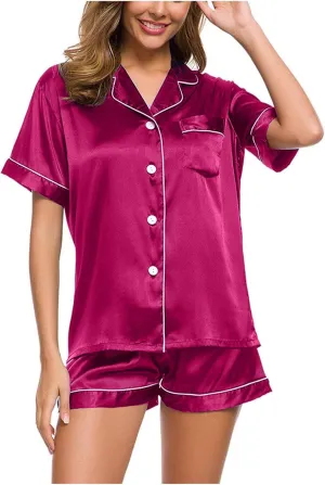 Silk Satin Sleepwear for Women Button Down Pajamas Sets Short Sleeve Shirts Shorts 2 Piece Pjs Soft Loungewear
