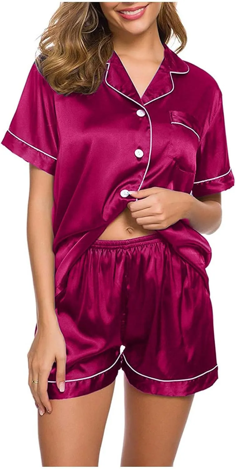 Silk Satin Sleepwear for Women Button Down Pajamas Sets Short Sleeve Shirts Shorts 2 Piece Pjs Soft Loungewear