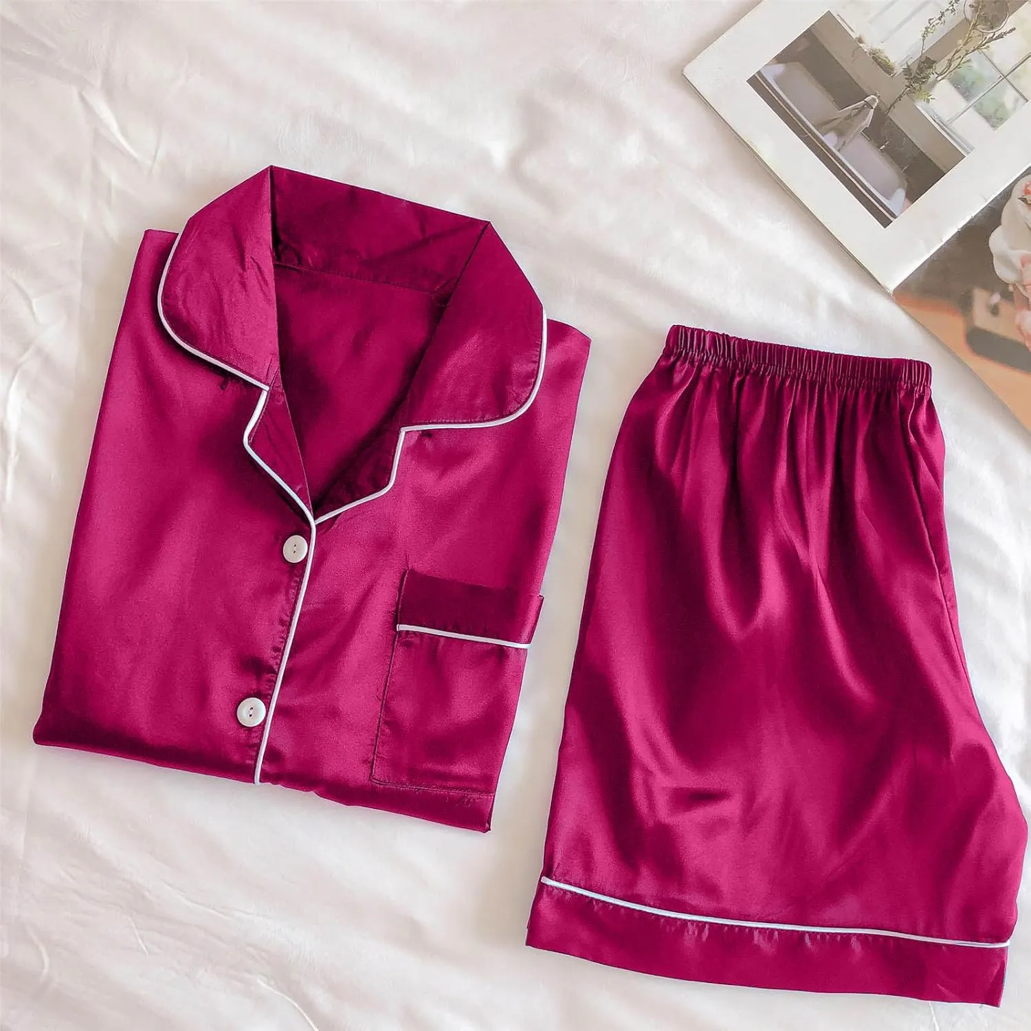Silk Satin Sleepwear for Women Button Down Pajamas Sets Short Sleeve Shirts Shorts 2 Piece Pjs Soft Loungewear