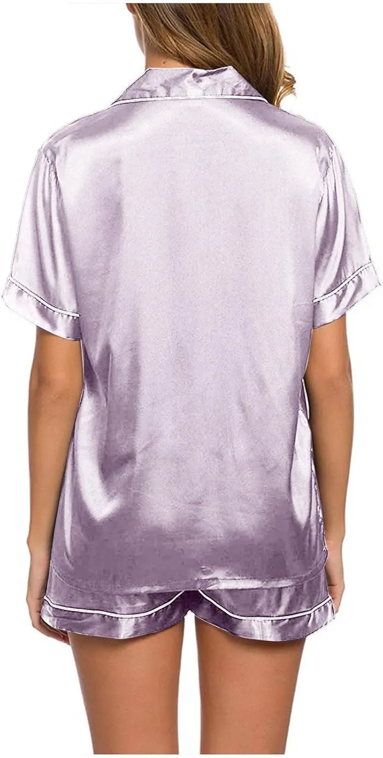 Silk Satin Sleepwear for Women Button Down Pajamas Sets Short Sleeve Shirts Shorts 2 Piece Pjs Soft Loungewear