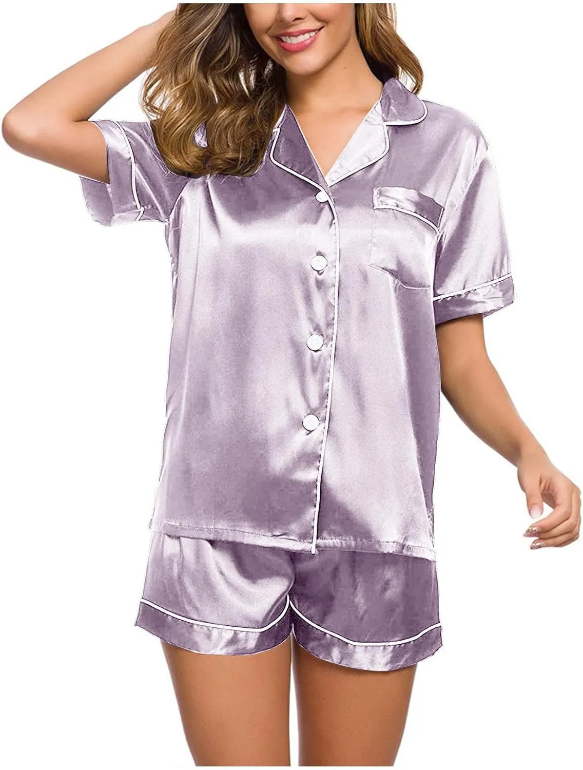 Silk Satin Sleepwear for Women Button Down Pajamas Sets Short Sleeve Shirts Shorts 2 Piece Pjs Soft Loungewear