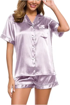 Silk Satin Sleepwear for Women Button Down Pajamas Sets Short Sleeve Shirts Shorts 2 Piece Pjs Soft Loungewear