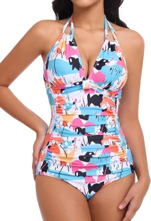 Smismivo Women's Tummy Control One Piece Swimsuits Long Torso Curvy Halter Bathing Suit