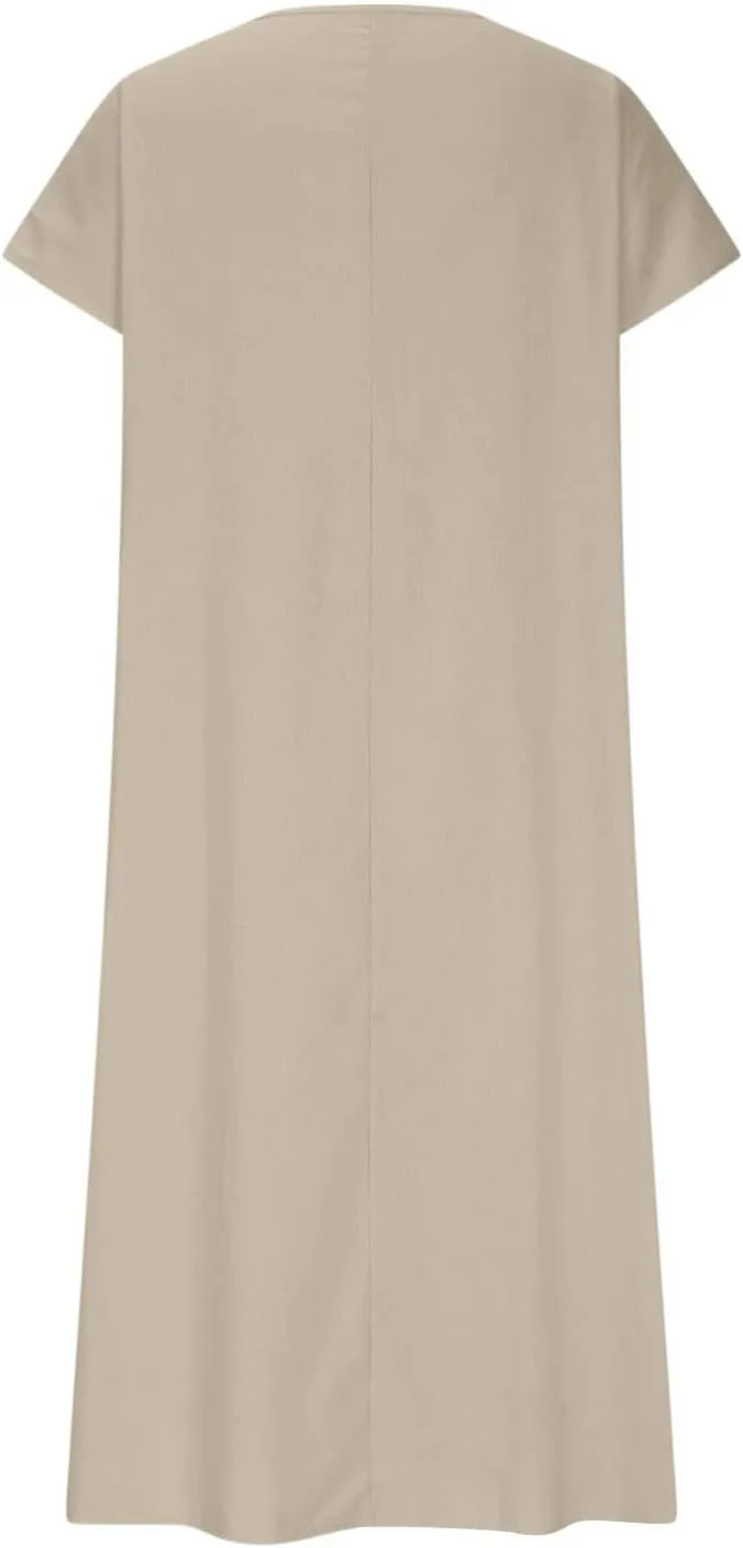 Summer Dresses for Women 2025 Vacation Boho Linen Flowy Dress Casual Short Sleeve v Neck T Shirt Maxi Beach Sundress