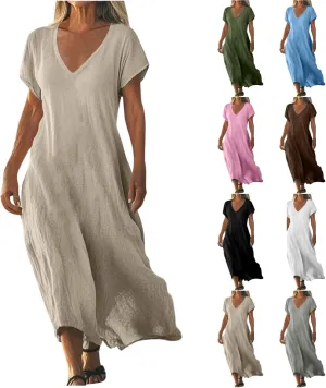 Summer Dresses for Women 2025 Vacation Boho Linen Flowy Dress Casual Short Sleeve v Neck T Shirt Maxi Beach Sundress