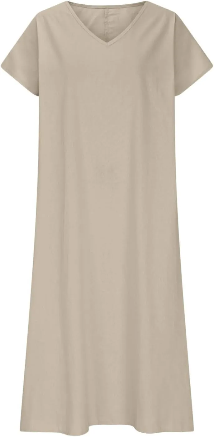 Summer Dresses for Women 2025 Vacation Boho Linen Flowy Dress Casual Short Sleeve v Neck T Shirt Maxi Beach Sundress