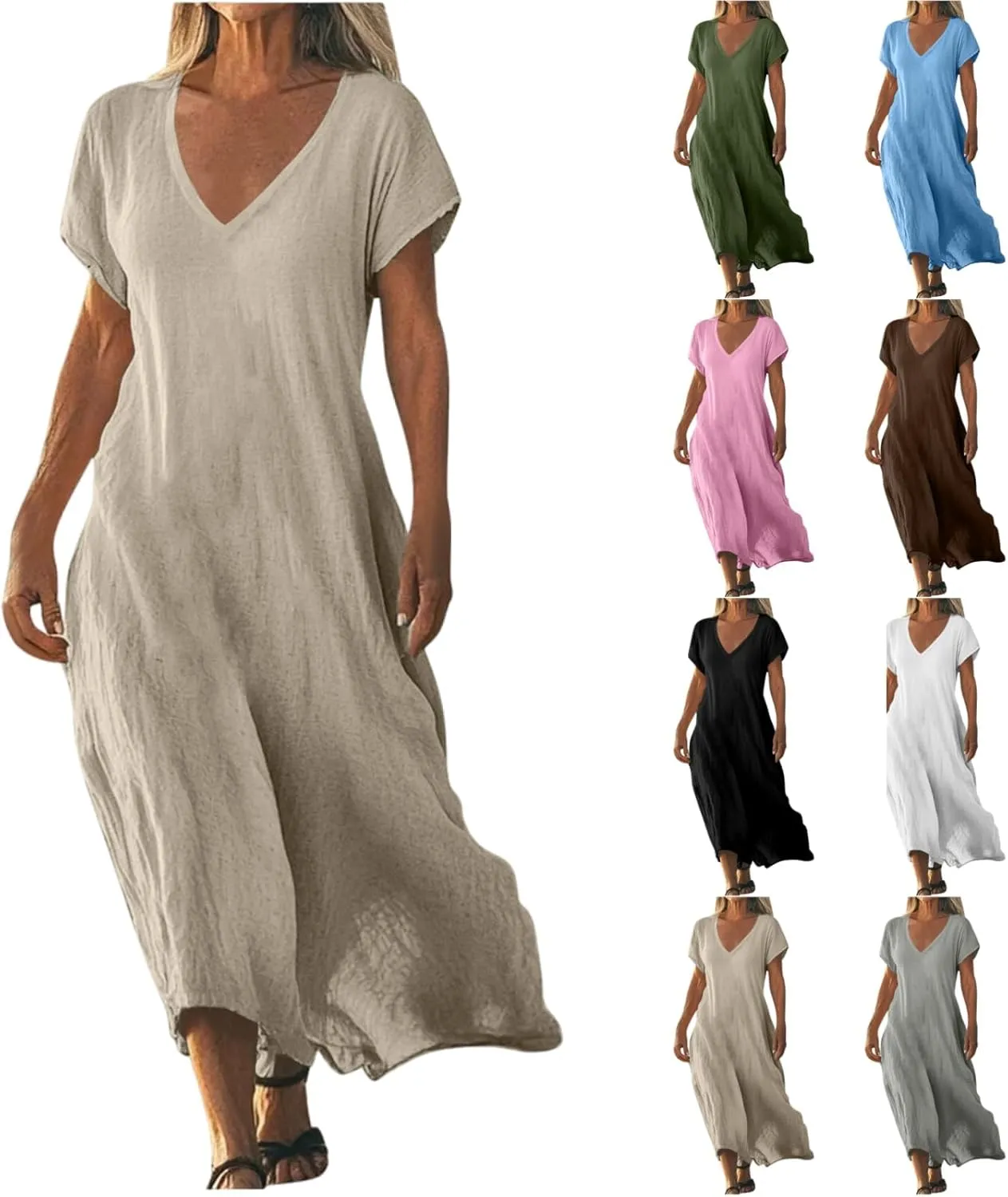 Summer Dresses for Women 2025 Vacation Boho Linen Flowy Dress Casual Short Sleeve v Neck T Shirt Maxi Beach Sundress