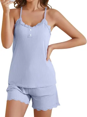 Summer Pajamas for Women Sleepwear Lace Spaghetti Strap Top and Shorts 2 Piece Ribbed Knit Sleepwear