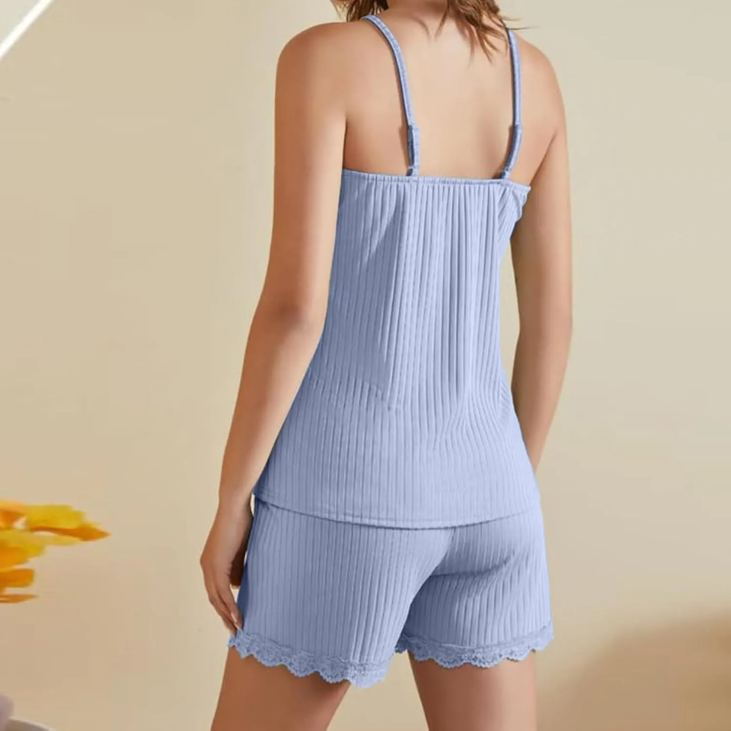 Summer Pajamas for Women Sleepwear Lace Spaghetti Strap Top and Shorts 2 Piece Ribbed Knit Sleepwear