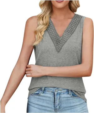Summer Tank Tops for Women Casual Crochet Eyelet V Neck Sleeveless Shirts Blouses Loose Fit Vacation Cute Tank Tees