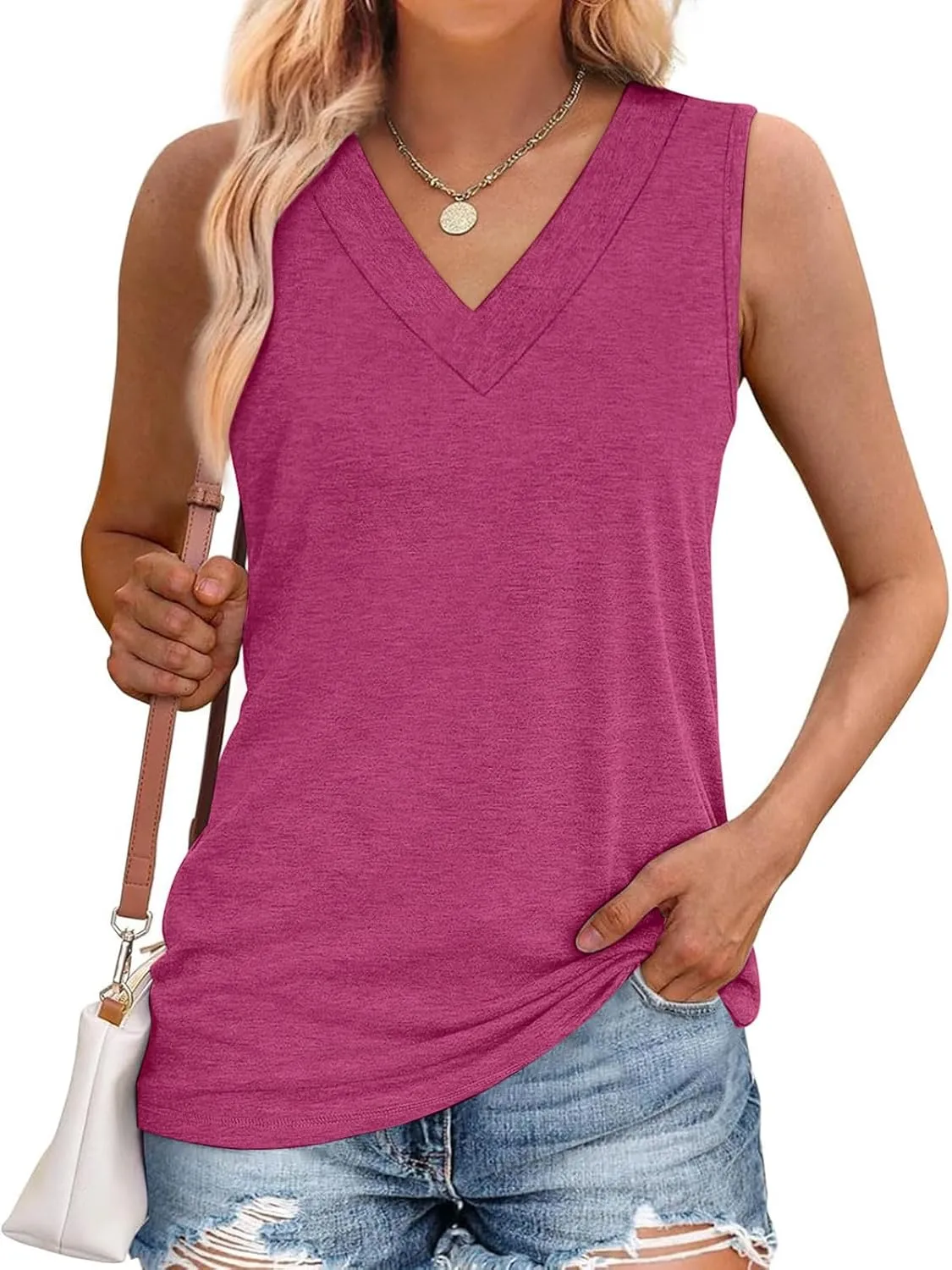 Summer V Neck Tunic Tank Tops Women Comfy Casual Loose Fit Sleeveless Shirt Beach Vacation Loungewear Tanks Blouse
