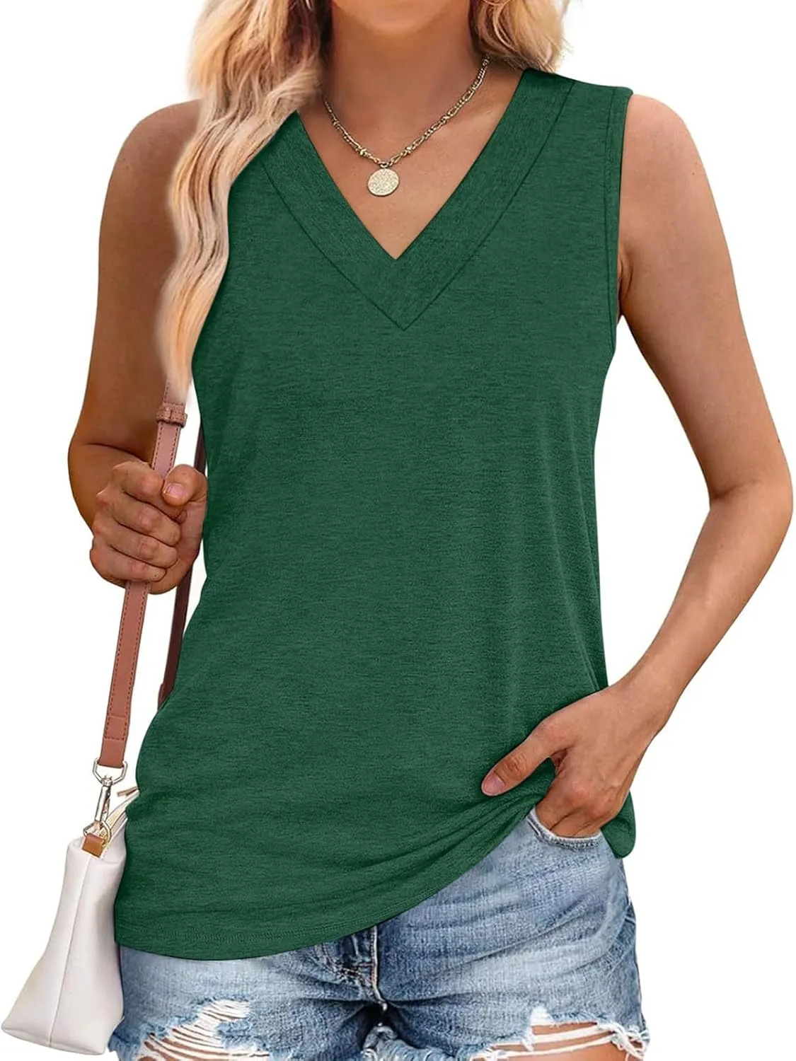 Summer V Neck Tunic Tank Tops Women Comfy Casual Loose Fit Sleeveless Shirt Beach Vacation Loungewear Tanks Blouse