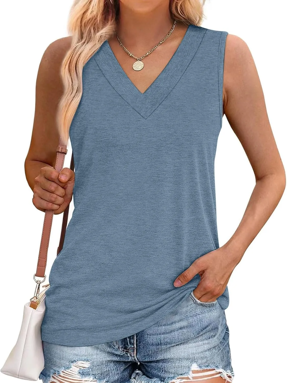 Summer V Neck Tunic Tank Tops Women Comfy Casual Loose Fit Sleeveless Shirt Beach Vacation Loungewear Tanks Blouse