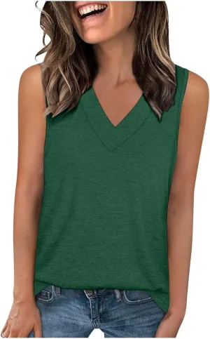Summer V Neck Tunic Tank Tops Women Comfy Casual Loose Fit Sleeveless Shirt Beach Vacation Loungewear Tanks Blouse