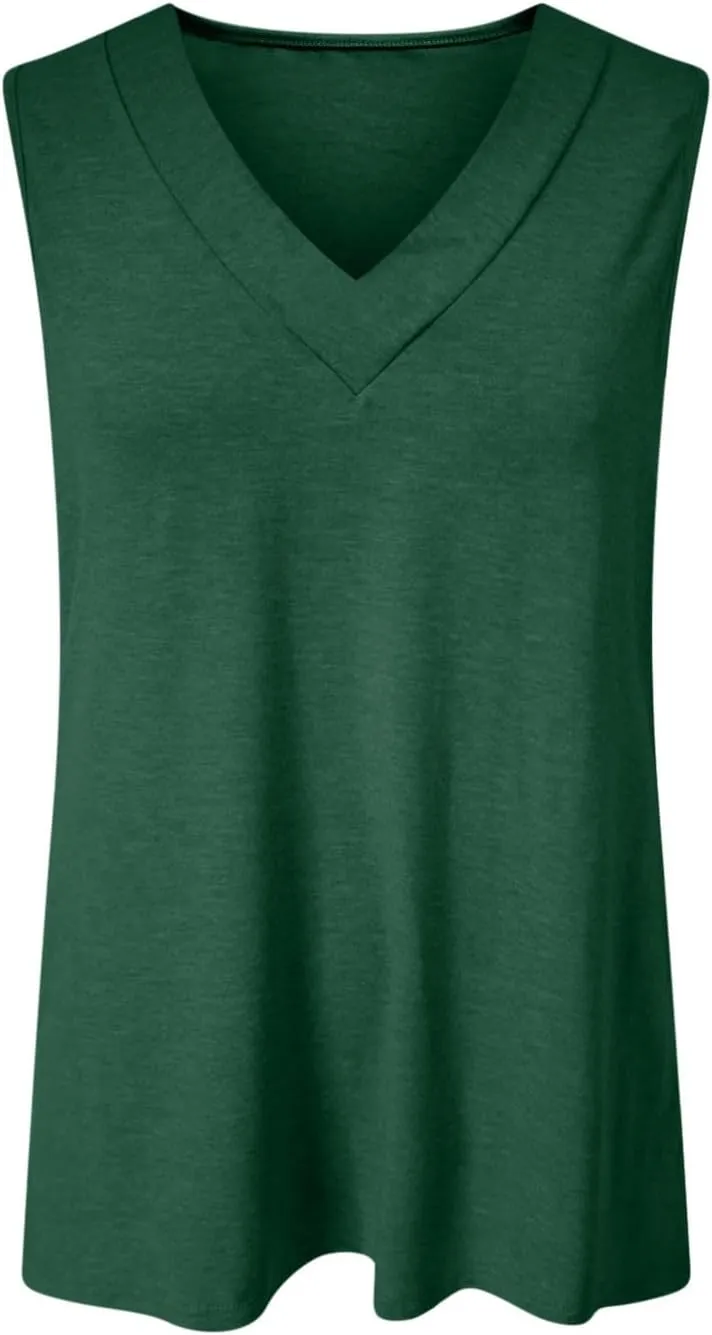 Summer V Neck Tunic Tank Tops Women Comfy Casual Loose Fit Sleeveless Shirt Beach Vacation Loungewear Tanks Blouse