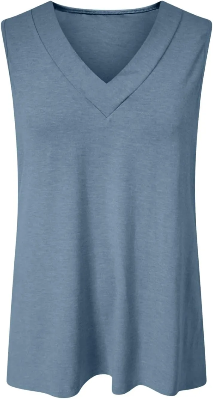 Summer V Neck Tunic Tank Tops Women Comfy Casual Loose Fit Sleeveless Shirt Beach Vacation Loungewear Tanks Blouse