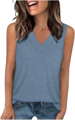Summer V Neck Tunic Tank Tops Women Comfy Casual Loose Fit Sleeveless Shirt Beach Vacation Loungewear Tanks Blouse