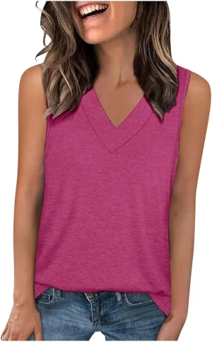 Summer V Neck Tunic Tank Tops Women Comfy Casual Loose Fit Sleeveless Shirt Beach Vacation Loungewear Tanks Blouse