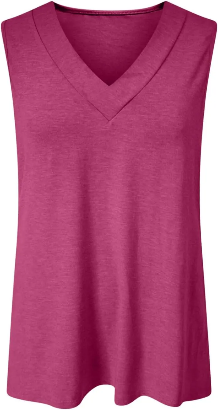 Summer V Neck Tunic Tank Tops Women Comfy Casual Loose Fit Sleeveless Shirt Beach Vacation Loungewear Tanks Blouse