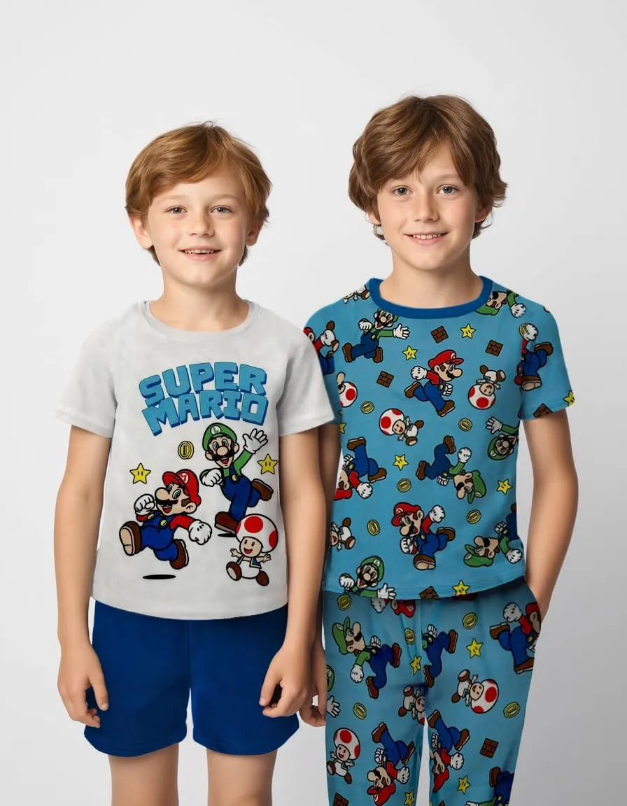 Super Mario 4 Piece Pajama Set - Boys PJs with Short Sleeve Shirt, Shorts & Pants - Kids Sleepwear Set - Official License