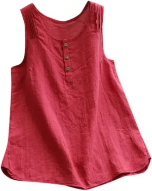 Tank Top for Women Linen Sleeveless V Neck Vintage Loose Fit Button T Shirts Casual Plus Size Summer Trendy Vest