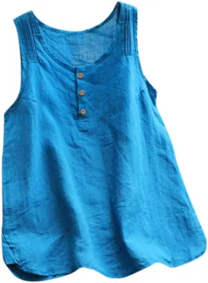 Tank Top for Women Linen Sleeveless V Neck Vintage Loose Fit Button T Shirts Casual Plus Size Summer Trendy Vest