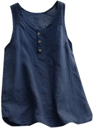 Tank Top for Women Linen Sleeveless V Neck Vintage Loose Fit Button T Shirts Casual Plus Size Summer Trendy Vest