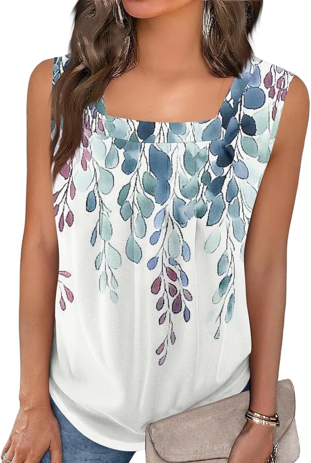 Tank Tops for Women 2025 Summer Pleated Tunic Loose Fit Sleeveless Shirts Dressy Casual V Neck Button Down Blouses