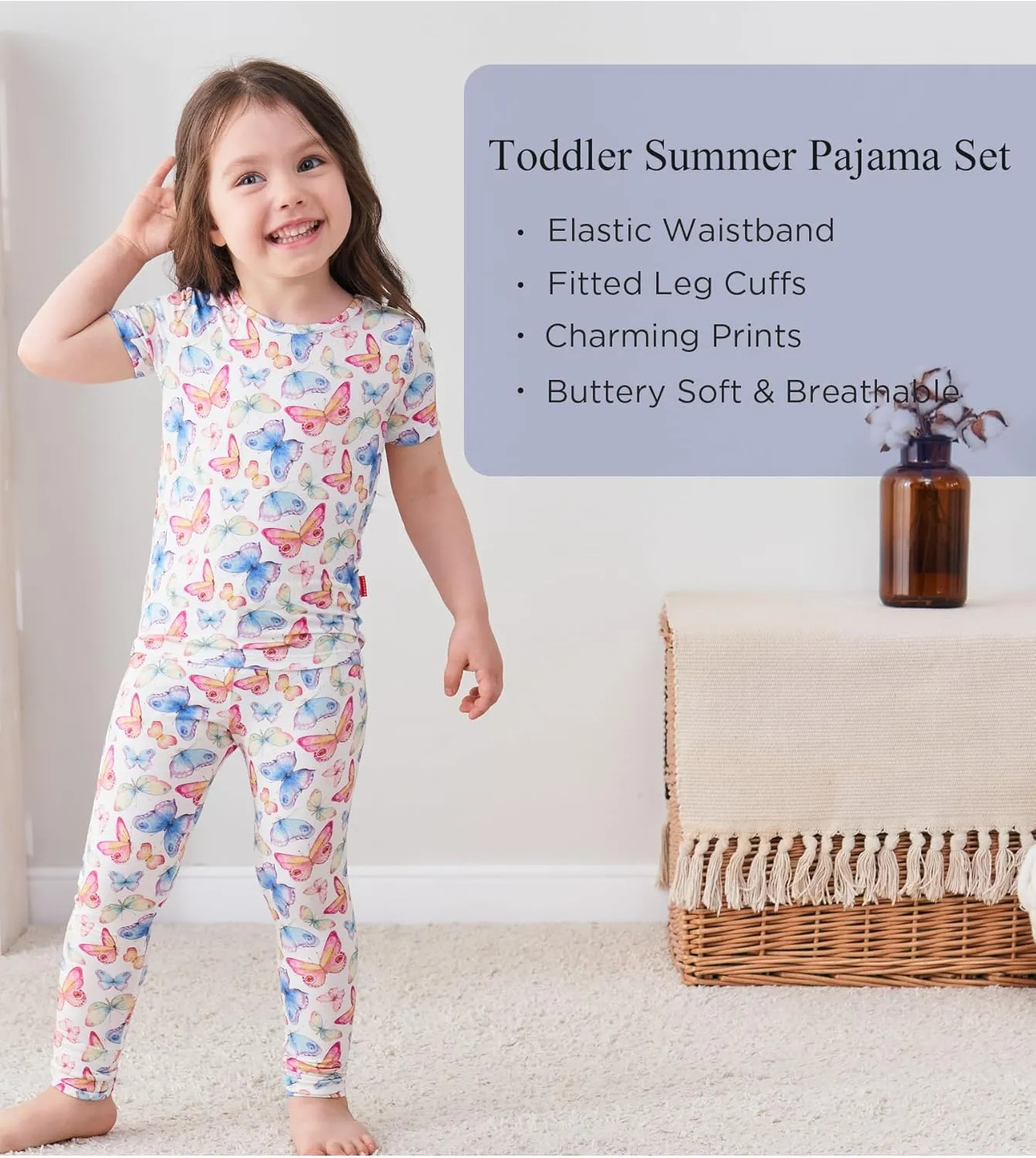 Toddler Boys Girls Pajamas Soft Bamboo Viscose Short Sleeve Top and Pants Summer 2 Piece PJs Set